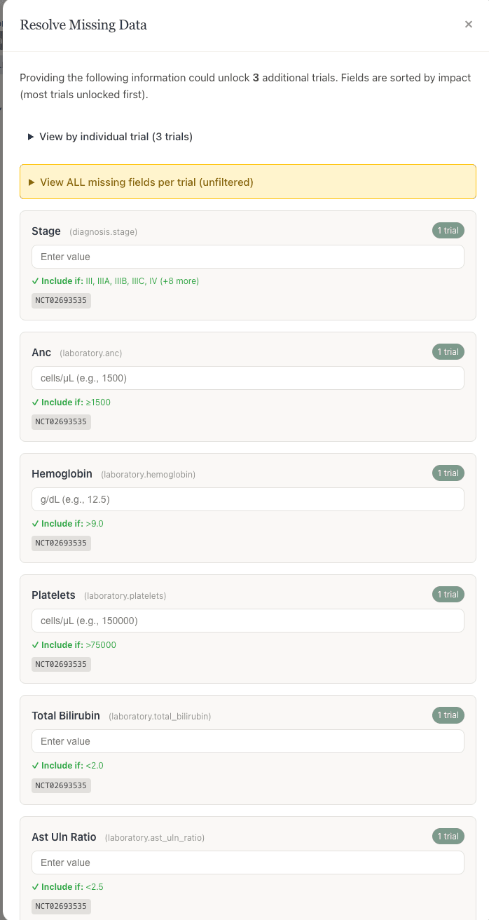 ClinixBoost trial matching — resolve missing data