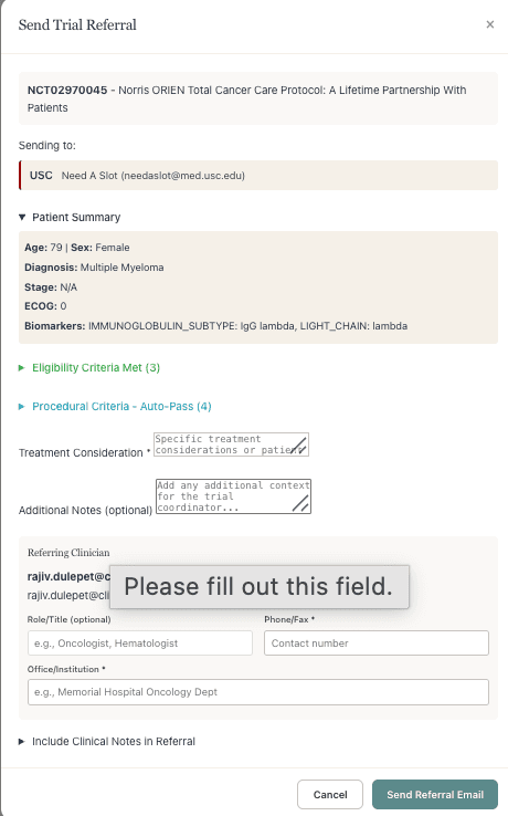 ClinixBoost trial matching — one-click referral