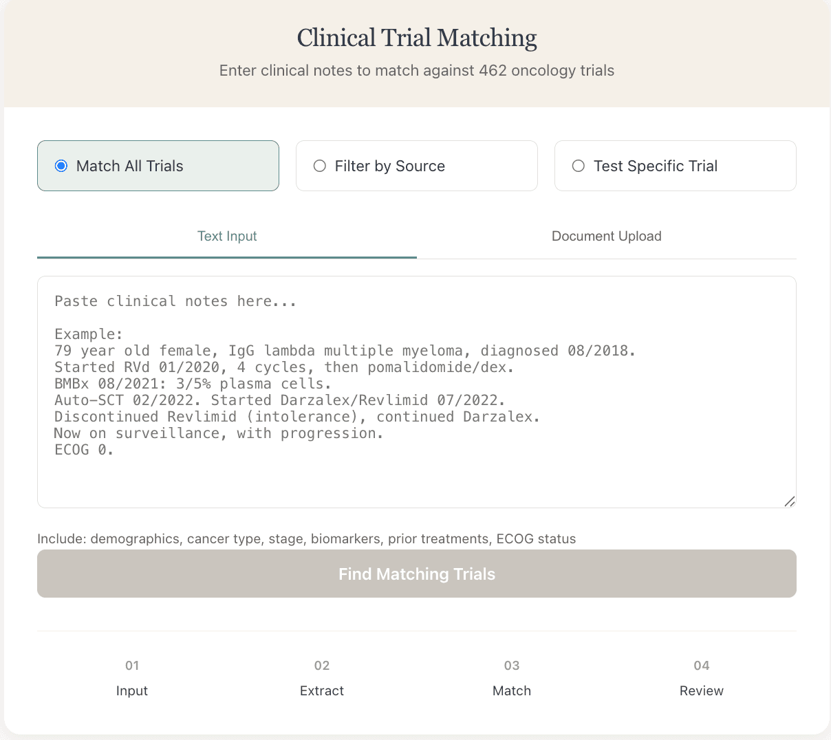 ClinixBoost trial matching — three matching modes