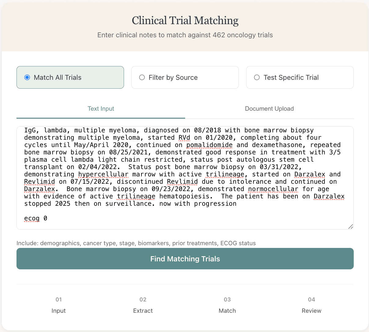 ClinixBoost trial matching — enter clinical notes