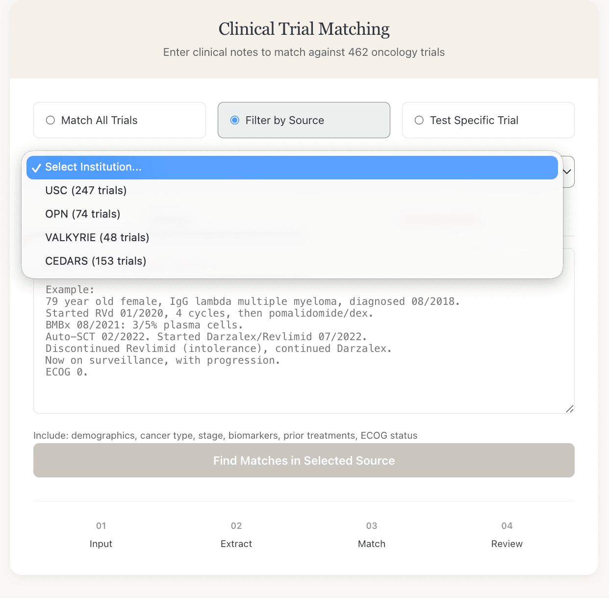 ClinixBoost trial matching — filter by trial source