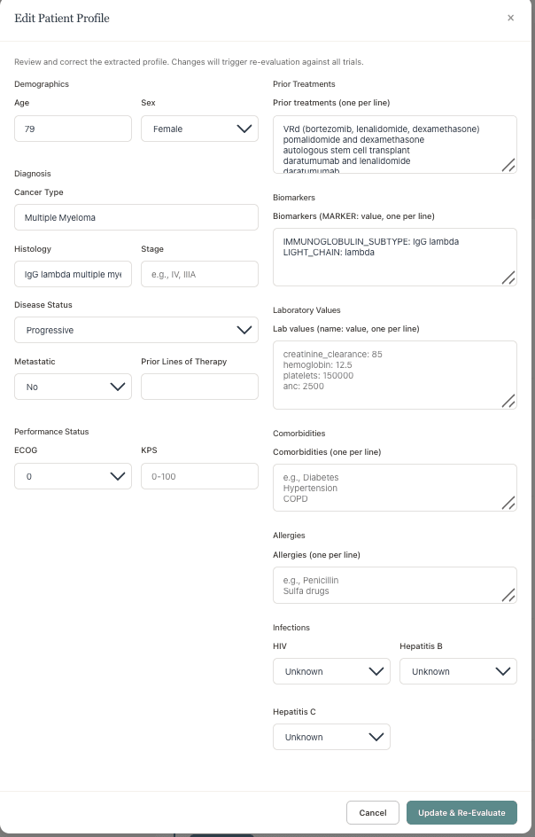 ClinixBoost trial matching — edit & re-evaluate