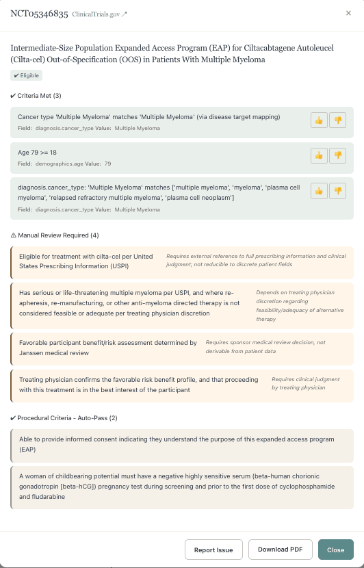 ClinixBoost trial matching — criterion-by-criterion evidence