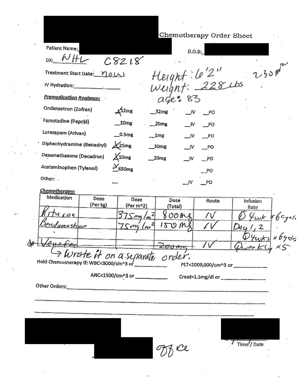 A de-identified, handwritten chemotherapy order sheet for bendamustine and rituximab